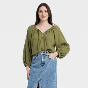 Gauze‎ Cotton Boho Peasant  Blouse Long Sleeve Cottagecore Fairy Medium Green
